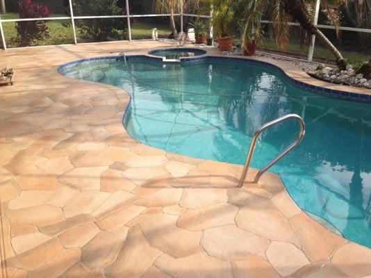 Beautifully designed concrete pool deck refinishing. Serving Doral, FL, Miami, FL and all of Miami Dade County. Also serving Broward county!