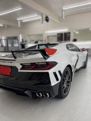 Corvette c8 fully covered with Xpel Paint Protection and topped off with custom vinyl wrap installation.