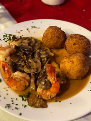 Chicken and shrimp Marsala with rice balls (not on the menu but the chef will make it)