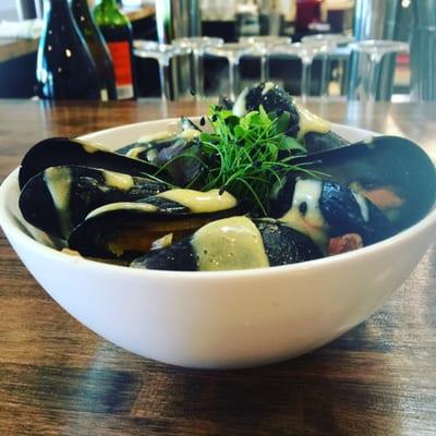 Maine Blue mussels with an IPA curry broth, fries, and lemon curd. So good.