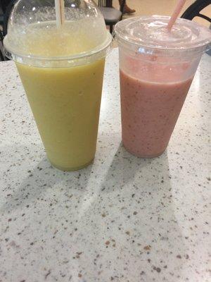 Mango/pineapple/banana smoothie and strawberry/peach/banana