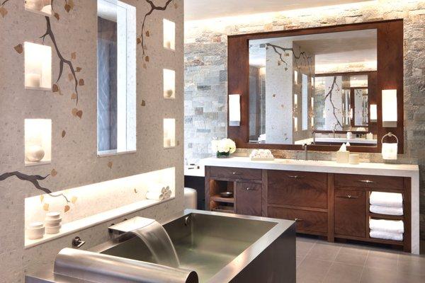 Master bath from our K2 Ranch Project. The wall is Aspen Leaf Gold Mosaic tile from Decorative Materials.