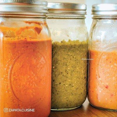 Salsas: house guajillo/ancho sauce, tomatillo sauce, and delicious tomato - árbol