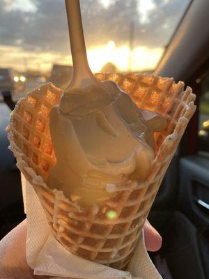 Vanilla custard in a fresh baked waffle cone. These cones  are WONDERFUL!