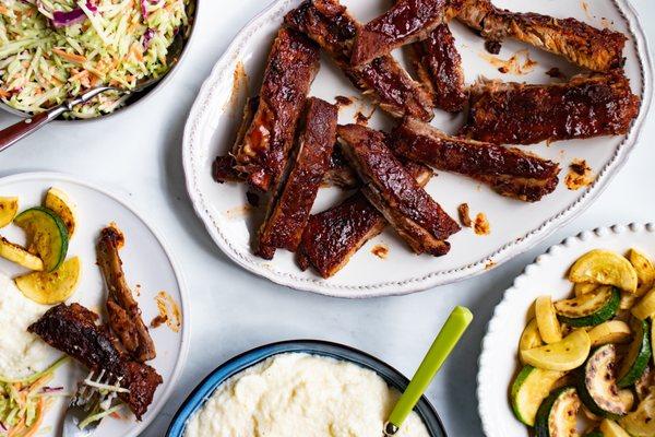 Sticky Hoisin Ribs, Sriracha Slaw, Scallion Mashed Potatoes