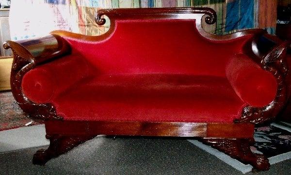 Period mahogany loveseat, carved dolphins with paw feet, reeded front, circa 1810-1820, beautiful condition.