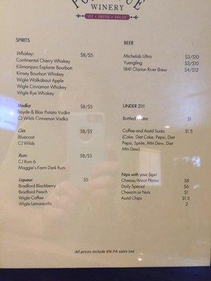 Beer and spirits menu