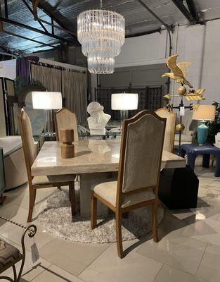 Travertine custom dining table circa 1970 imported from South Africa with handmade solid cerused oak parsons chairs