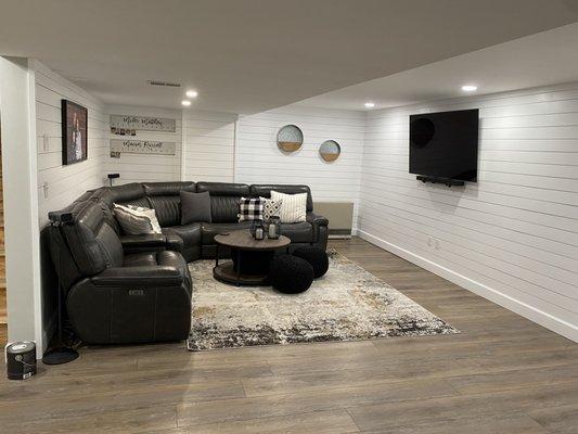 Rustic farmhouse style finished basement