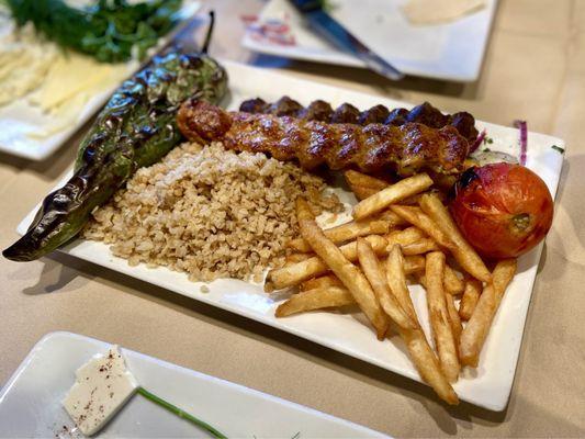 Luleh Combo Kabob (1 skewer each -- beef & chicken). Our sides were 1/2 fries and 1/2 bulger