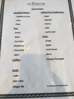 List of complimentary beverages