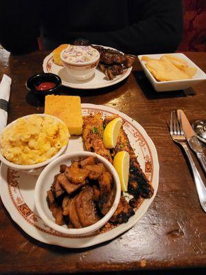 Blackened salmon, mac & cheese, yams with cornbread.  Also, beef ribs, cole slaw, steak fries and cornbread.