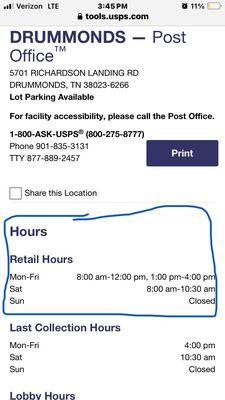 information and retail hours for Drummonds post office