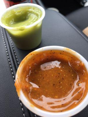 Red sauce (nose-run hot!) and avocado sauce for your tacos