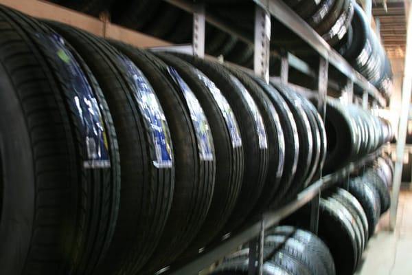 Stocked warehouse of tires.