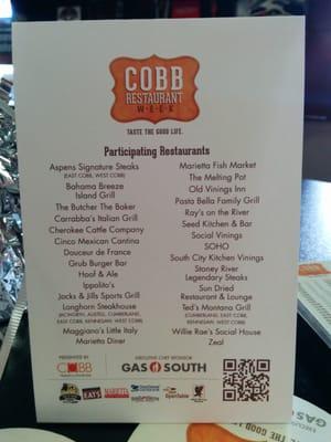 Participating restaurants. Cobb Restaurant Week starts Sept 15!