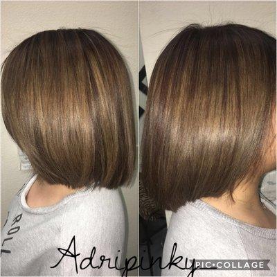 Dark Asian hair with a full head highlight and a root smudge