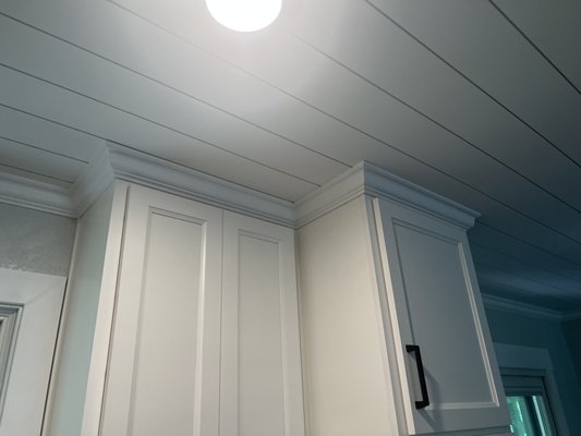 Shiplap ceiling and crown molding install