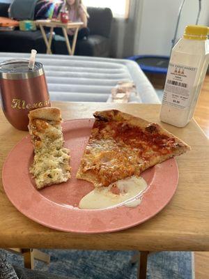 Pizza and cheesy bread and ranch