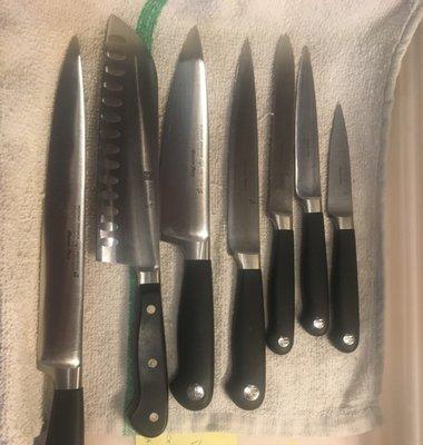 My kitchen knives that were sharpened here. Very happy