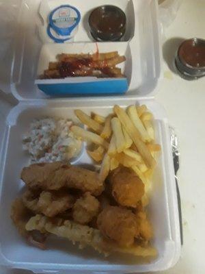 Chicken fish sampler with shrimp and a side order of strawberry funnel cake sticks