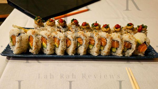 Albacore dynamite roll and salmon avocado roll