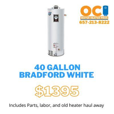 $1395 for a standard 40 Gallon water heater swap. Price includes labor, all parts necessary, tax, and old heater haul away