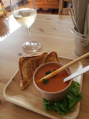 Brie (with pear) Grilled Cheese, tomato soup, and sweet white wine.