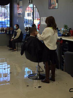 Haircut and customer waiting