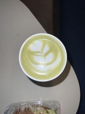 Hot Matcha Latte w/oat milk and cool art