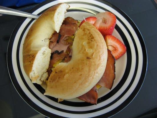 Ham, egg and cheese bagel sandwich