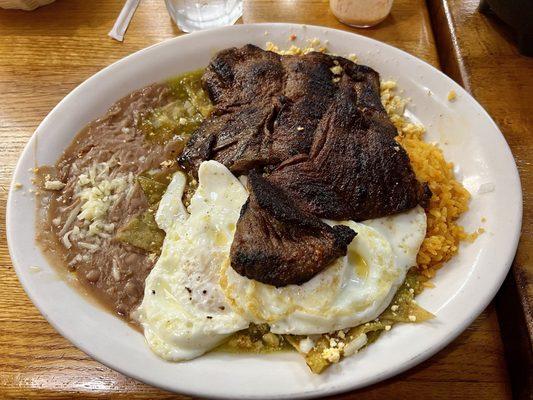 Chilaquiles Verdes with eggs and skirt steak