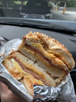 Ham egg and cheese with everything bagel