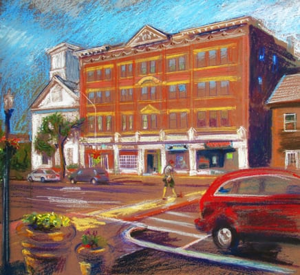 Corner of Spring St and S Pleasant St in Amherst, MA, USA. Oil pastel by Nancy Haver