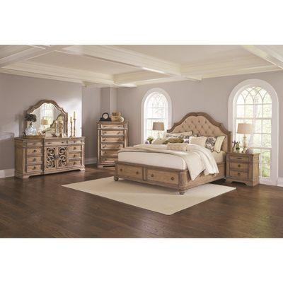 Gorgeous queen bedroom set with nightstand, storage bed, chest, mirror, and dresser!