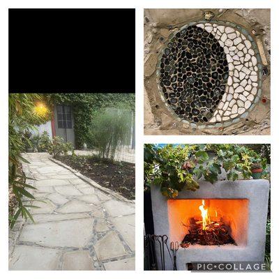 Walkway with Moon Mosaic and custom fire pit!