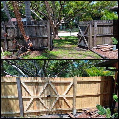 Before and after images of a fence replacement.