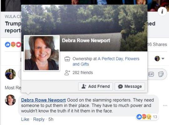 Screenshot Owner left on Facebook. Owner thinks physically body slamming reporters is good.