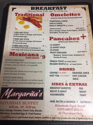 Margaritas current menu as of march 2018. Current hours are also Monday thru Saturday 6am to 9pm and Sunday 6am to 3 pm.