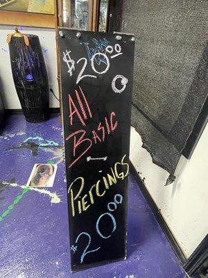 All day, basic piercing, $20