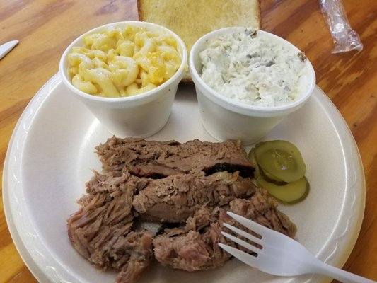 Brisket platter with mac and cheese and potato salad