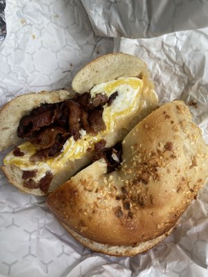 Bacon egg and cheese on onion bagel