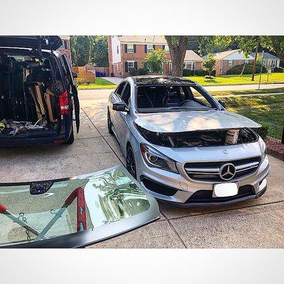 OEM windshield replacement on this 2017 CLA45 AMG equipped with all the safety features on its windshield