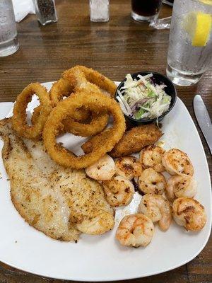 Blackened whitefish, grilled shrimp, onion rings and slaw