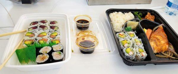 3 roll sushi lunch (yellowtail scallion, salmon avocado, tuna cucumber) and salmon teriyaki bento (r)