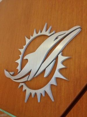 quarter inch brushed aluminum logo waterjet cut for the miami dolphins