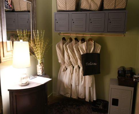 Spa robes hanging, ready for you at Breeze Salon and Day Spa, the best salon in Cedar Park featuring Aveda salon and spa services.