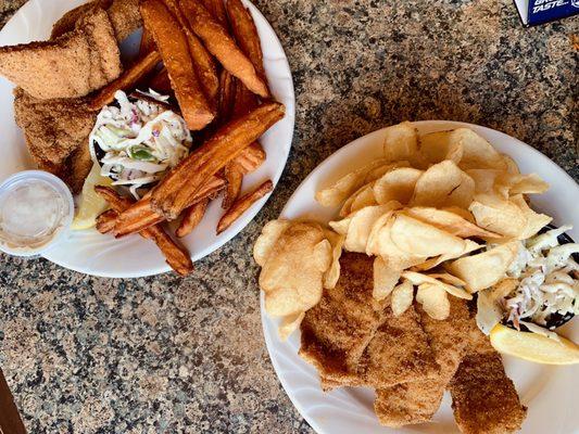 Whitefish with sweet potatoes fries and kettle fries.