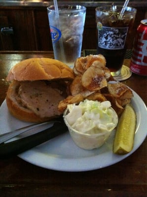 Thursday's special. Sliced pork sandwich, homemade chips, coleslaw and a dessert coming up!