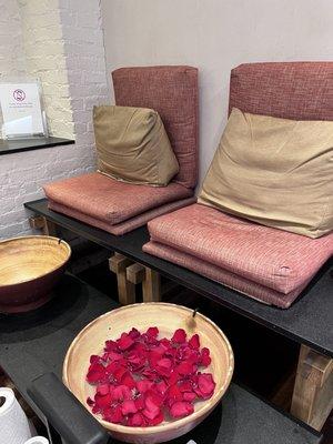 Pedicure area - rose petal set up and a Bounty towel cameo!